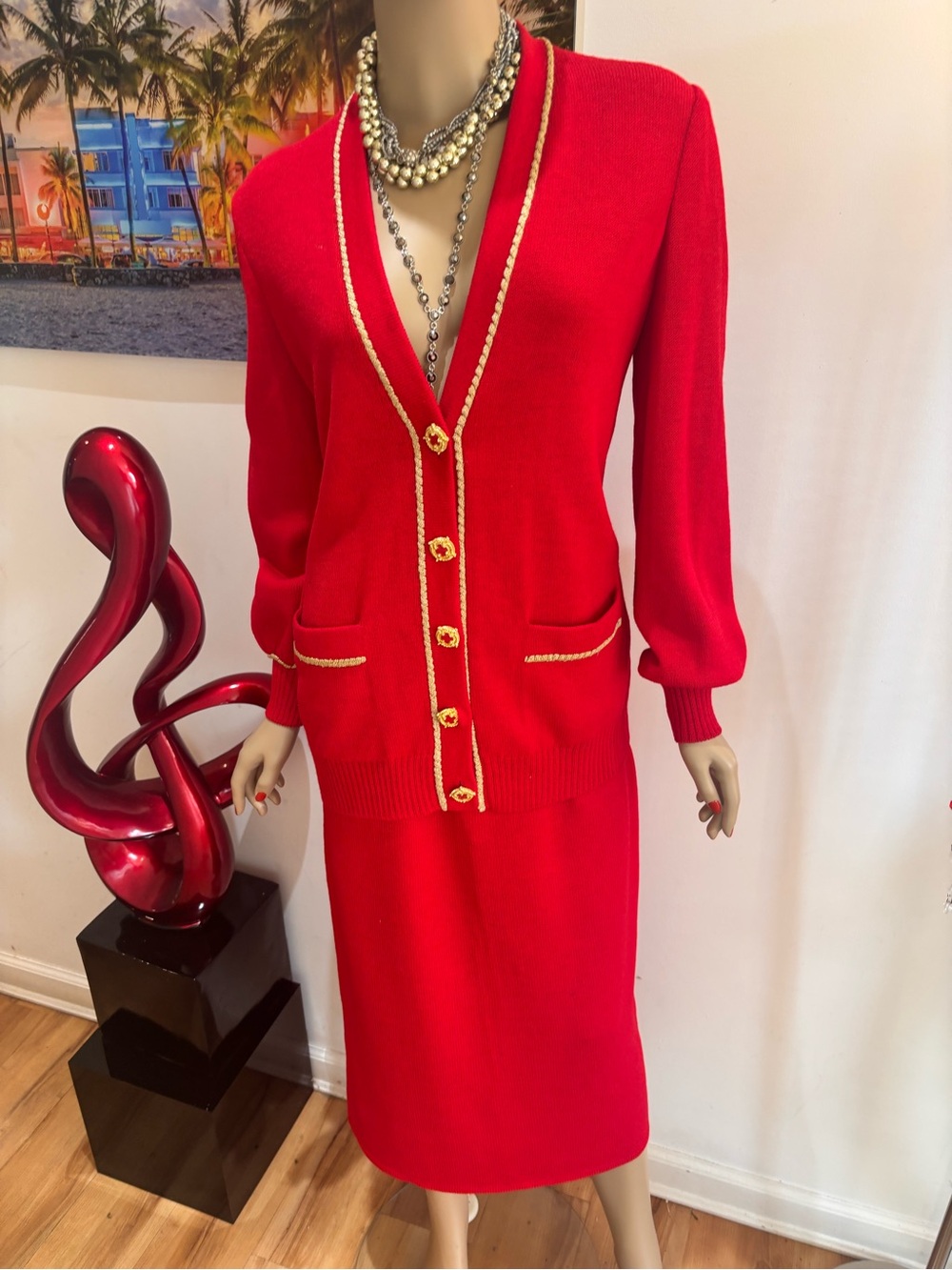 St. John Red Knit Cardigan Skirt Set suit  Gold Trim 10 buttons embellished